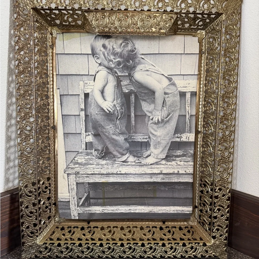 Antique Lighted Brass Frame Boy Girl Kissing Overhead Light Hanging Stand Frame